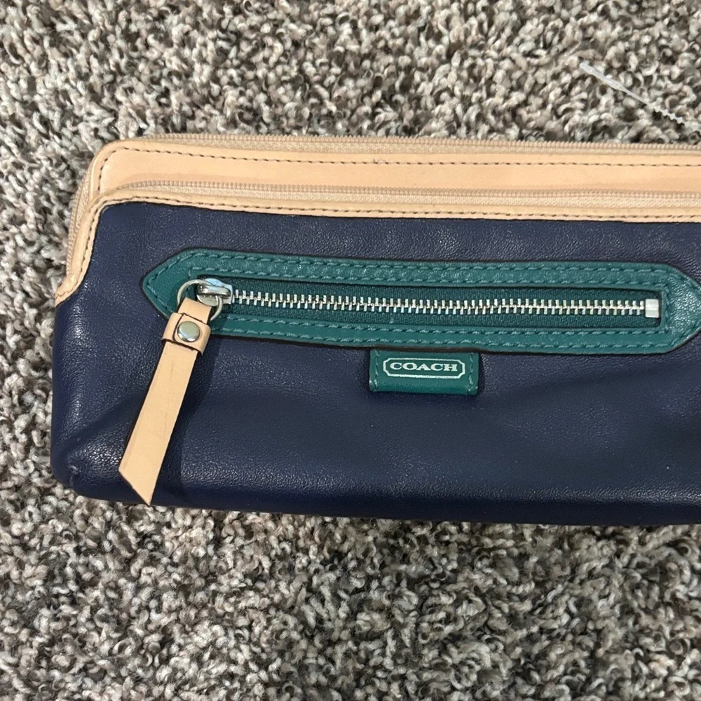 Coach Leather Wristlet Blue, Green & Tan